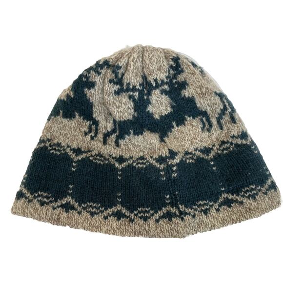 Vintage Hat Beanie Toque Reindeer Knit Outerwear Ski Cap Snowboard Wool EUC